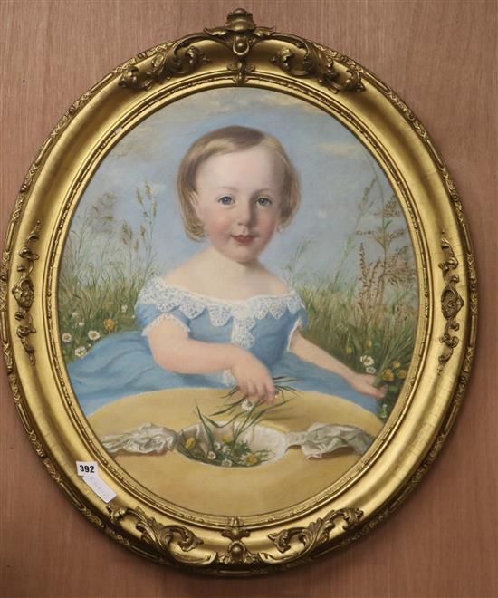 English School c.1900 Portrait of a girl picking daisies and buttercups 59 x 49cm